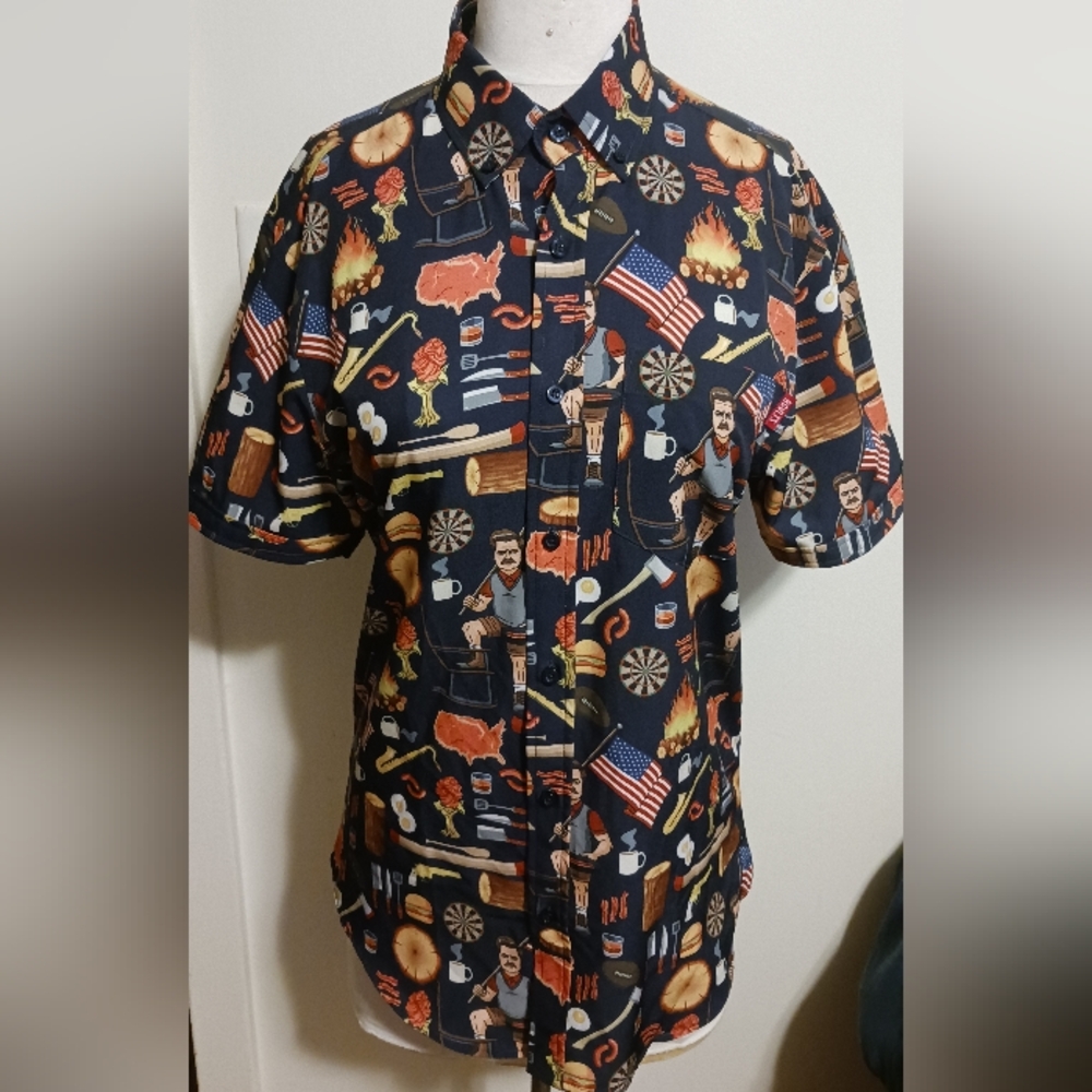 Roosevelt's City of Pawnee Mens All American Blue Medium Button Shirt 4th July